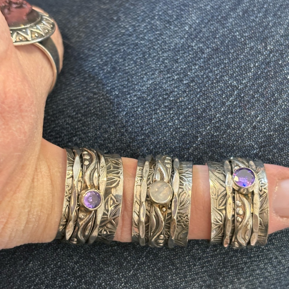Three Sterling Silver Spinner Rings with Moonstone and Amethyst Set